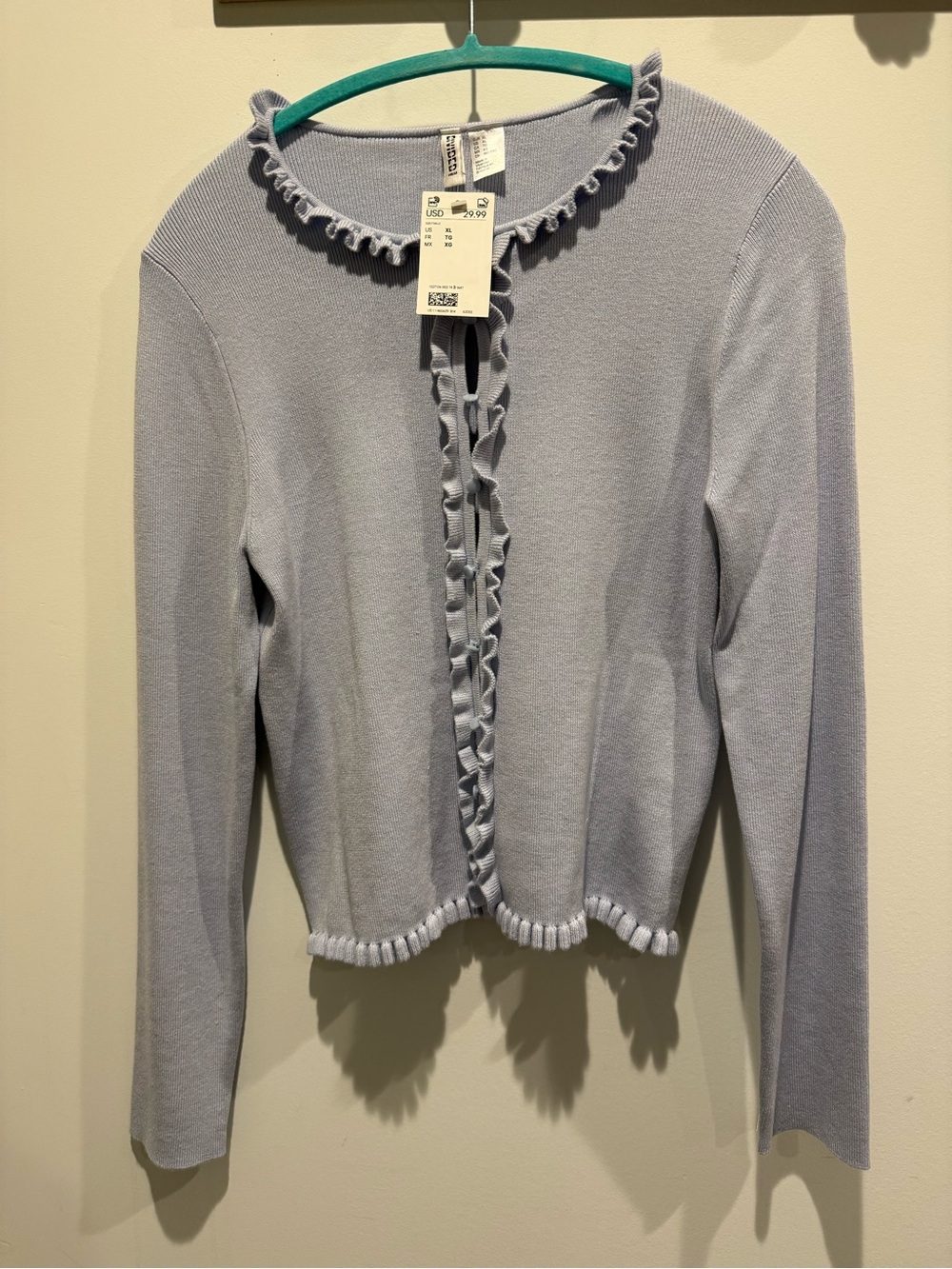 H&M Light Blue Ruffle-Trim Knit Cardigan XL NWT